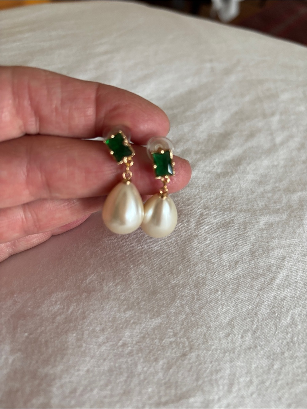 Gold Pearl Drop Earrings with Green Stone Accent